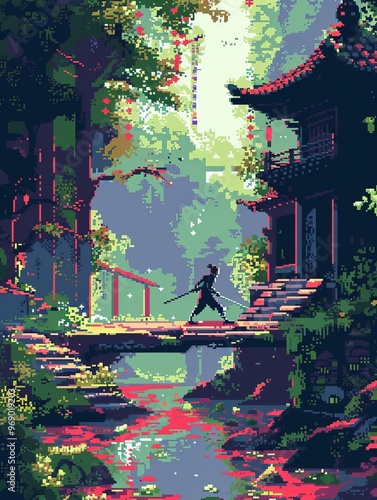 8bit ninja, forest ambush, pixel art style, vibrant colors, sidescrolling perspective, detailed pixels, action scene, retro stealth vibe photo