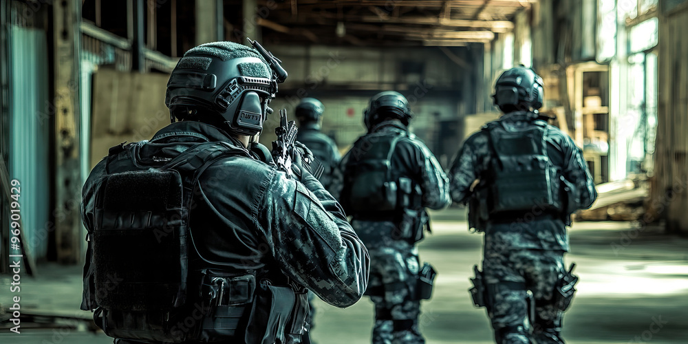 S.W.A.T. Simulation - A group of SWAT team members in training, participating in a realistic simulation exercise at an abandoned warehouse. S.W.A.T. Simulation - A group of SWAT team members in training, participating in a realistic simulation exercise at an abandoned warehouse.