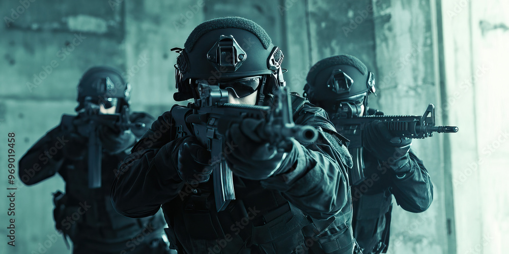 S.W.A.T. Simulation - A group of SWAT team members in training, participating in a realistic simulation exercise at an abandoned warehouse. S.W.A.T. Simulation - A group of SWAT team members in training, participating in a realistic simulation exercise at an abandoned warehouse.