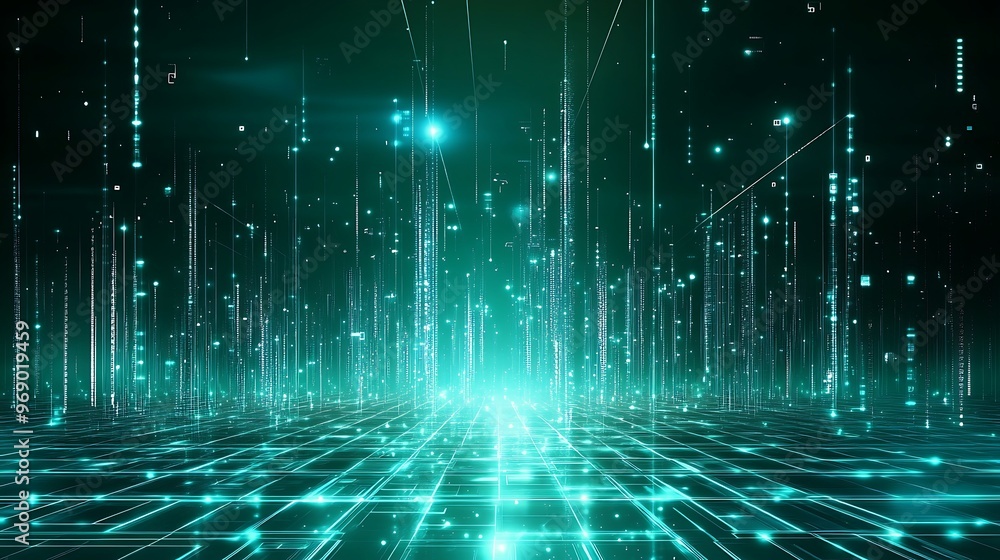 Futuristic digital landscape with glowing lines and particles creating a high-tech atmosphere. Futuristic digital landscape with glowing lines and particles creating a high-tech atmosphere.