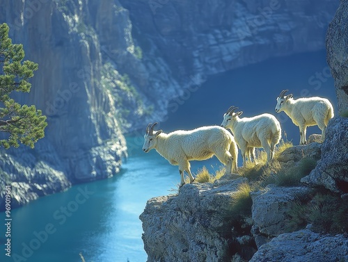 Three goats standing on a rocky cliff overlooking a scenic turquoise lake with majestic mountains in the background.