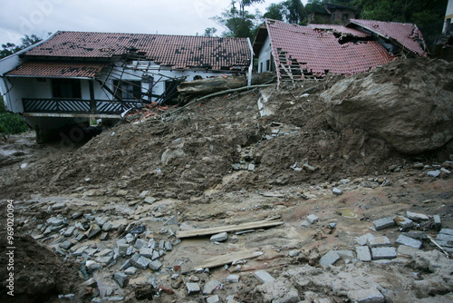 Houses are seen damaged after a big flood and mudslide caused by heavy rains in Santa Catarina state, Brazil.