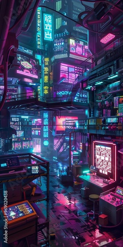 Neon hospital, cyberpunk aesthetics, vibrant lights, glowing wards, vivid colors, futuristic vibe, detailed interior, moody atmosphere, neon glow photo