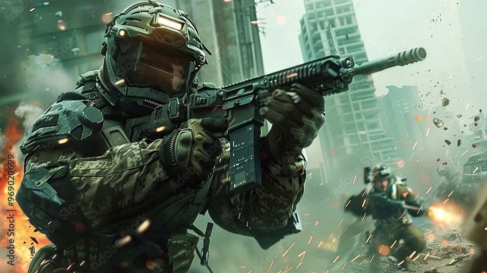 Immerse yourself in an intense urban battlefield with futuristic soldiers in high-tech gear Immerse yourself in an intense urban battlefield with futuristic soldiers in high-tech gear
