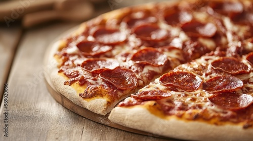 An appetizing pepperoni pizza with melted cheese and a crispy crust, freshly baked and presented on a rustic wooden board, capturing the essence of a hearty meal.