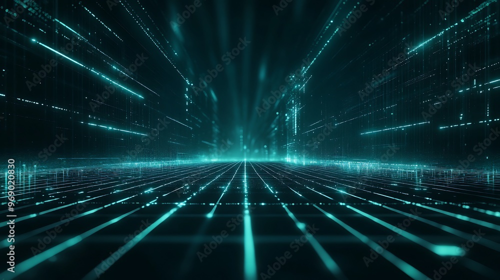 Fototapeta premium Futuristic digital landscape with glowing lines, representing data flow and technology advancement in a virtual space.
