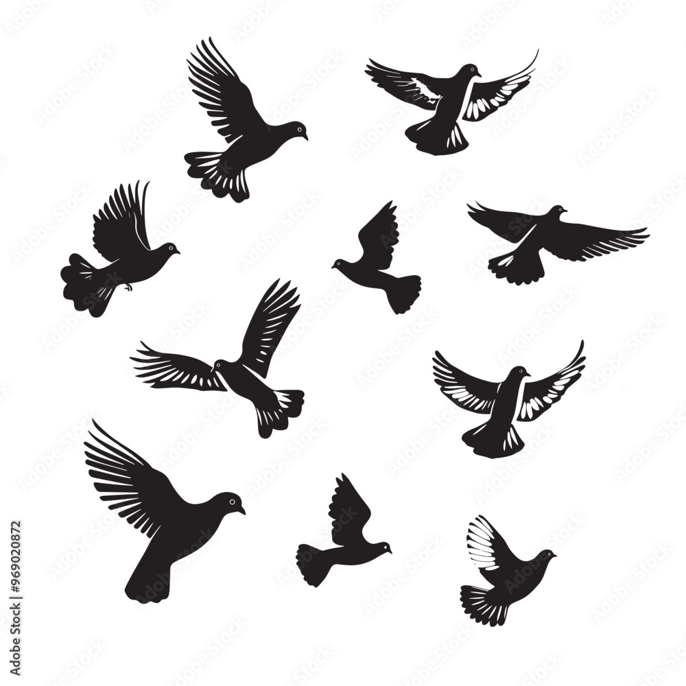 Obraz premium Vector illustration: silhouette of flying birds doves on a white background