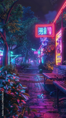 Neonlit park, cyberpunk aesthetics, vibrant signs, glowing benches, vivid colors, futuristic vibe, detailed scenery, serene atmosphere, neon glow