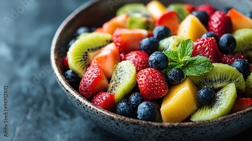 This image presents a colorful bowl of mixed fruits, including strawberries, kiwi, blueberries, and mint, offering a refreshing and appetizing view for stock photography.