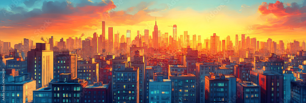 Vibrant cityscape New York at sunset showcases urban energy for real estate advertising and modern wall art designs Vibrant cityscape New York at sunset showcases urban energy for real estate advertising and modern wall art designs