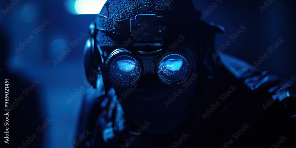 The Silent Weapon - A SWAT team member's silent approach, using night vision goggles to navigate through the darkness. The Silent Weapon - A SWAT team member's silent approach, using night vision goggles to navigate through the darkness.