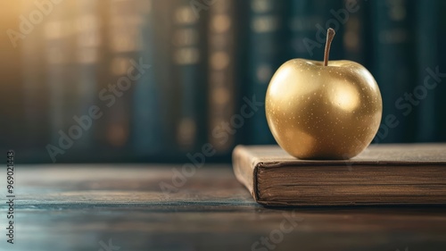 Golden apple resting on a philosopher s desk with ancient manuscripts, symbolizing the pursuit of knowledge and intellectual wealth photo