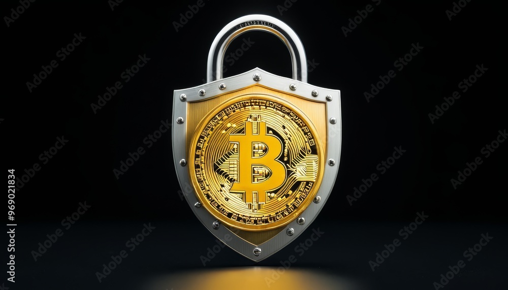 A metallic shield featuring the Bitcoin symbol, representing the concepts of protection, security, and trust in the digital currency space. The image highlights the importance of secure transactions A metallic shield featuring the Bitcoin symbol, representing the concepts of protection, security, and trust in the digital currency space. The image highlights the importance of secure transactions