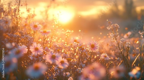 wildflowers in the field at dawn, wallpaper of wildflowers in the grass,