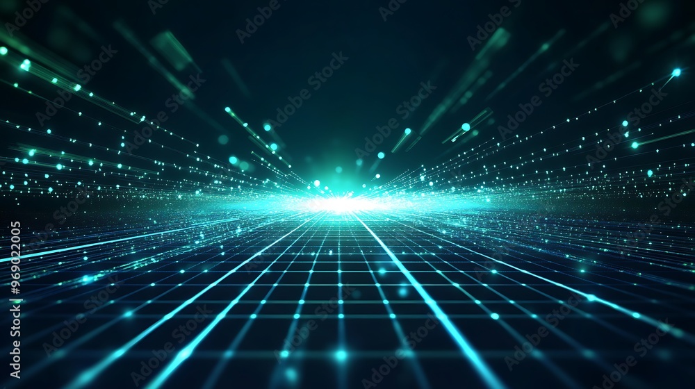 Futuristic digital landscape with vibrant light beams and a glowing grid, ideal for technology and sci-fi concepts. Futuristic digital landscape with vibrant light beams and a glowing grid, ideal for technology and sci-fi concepts.