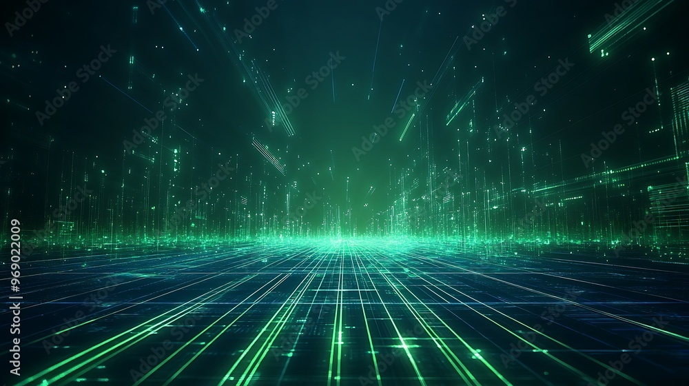 Futuristic digital landscape with vibrant green lights and grid patterns. Perfect for sci-fi, technology, or virtual themes. Futuristic digital landscape with vibrant green lights and grid patterns. Perfect for sci-fi, technology, or virtual themes.