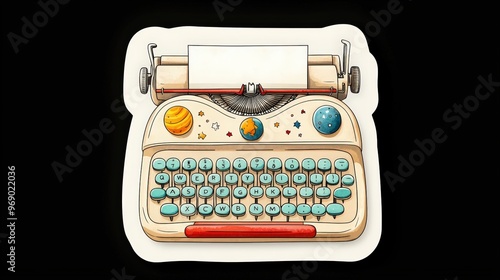 vintage typewriter illustration featuring colorful planets, perfect for creative writing and artistic projects.
