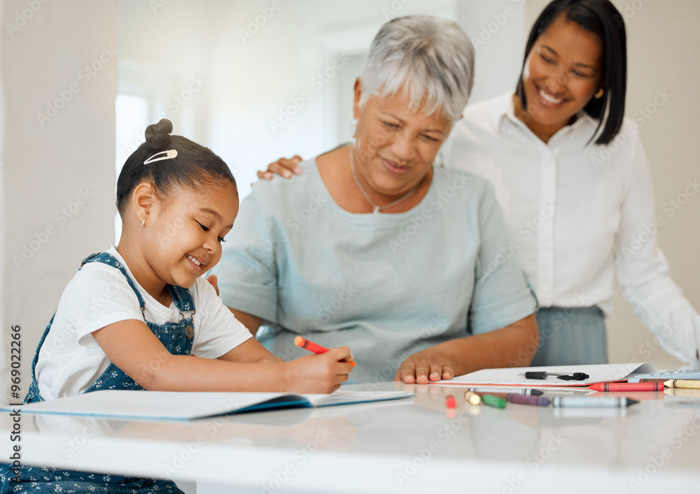 Homework, grandma and mom with child for education, learning and cognitive development in kitchen. Mama, senior woman and girl with book for help, teaching and assistance for drawing lesson in house Homework, grandma and mom with child for education, learning and cognitive development in kitchen. Mama, senior woman and girl with book for help, teaching and assistance for drawing lesson in house