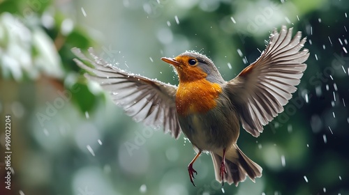 Vibrant Songbird with Outstretched Wings in Spring Rainstorm