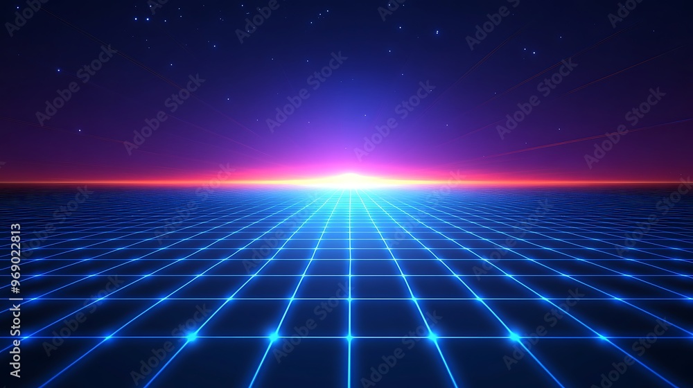 Futuristic landscape featuring a vibrant horizon with glowing grid lines and cosmic colors, perfect for digital art and design. Futuristic landscape featuring a vibrant horizon with glowing grid lines and cosmic colors, perfect for digital art and design.