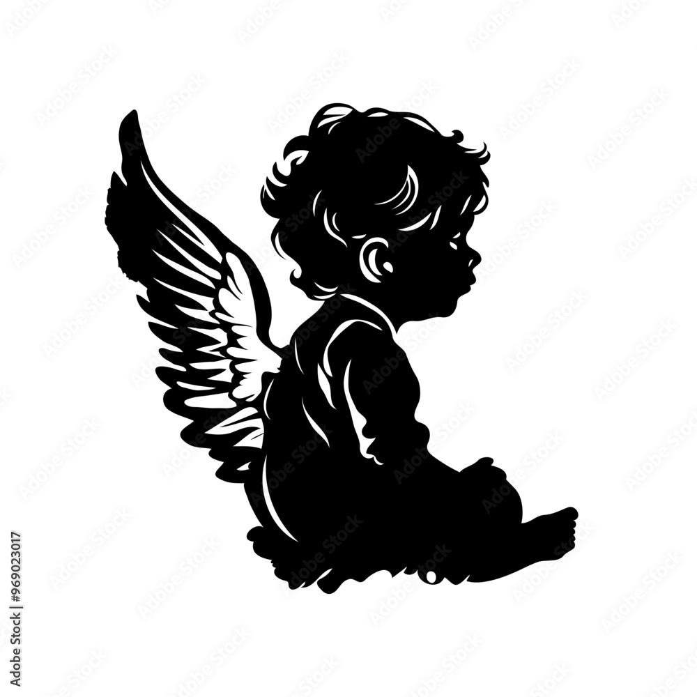 Fototapeta premium A silhouette of Christmas baby angel is sitting on the ground with its arms crossed. Vector illustration isolated on white background.