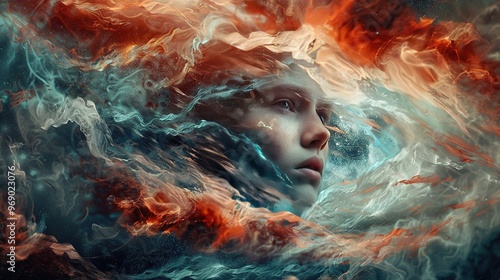 Surreal Unraveling A Conceptual Portrait of an Individual with an Unraveling Mind, Threads of Thoughts Spiraling Outwards into a Surreal Tapestry of Imagination