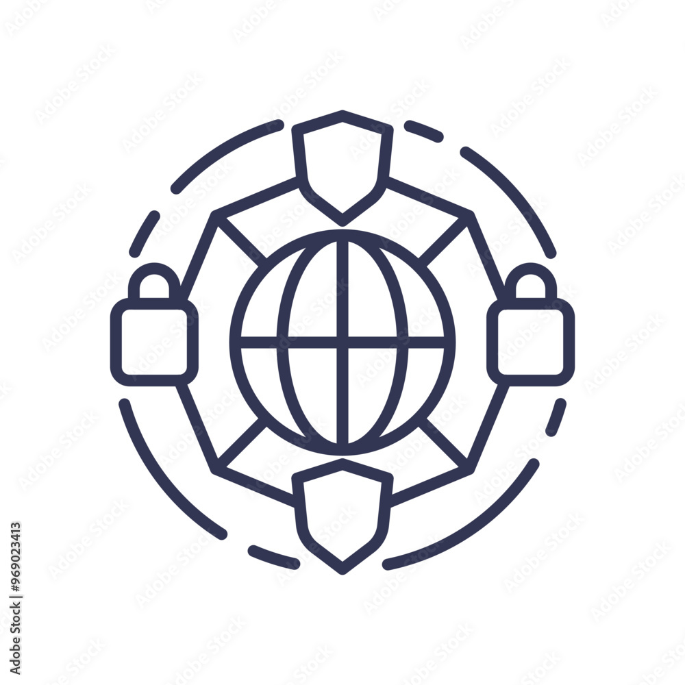 Illustration of a globe surrounded by locks and shields, symbolizing secure global connectivity. Illustration of a globe surrounded by locks and shields, symbolizing secure global connectivity.