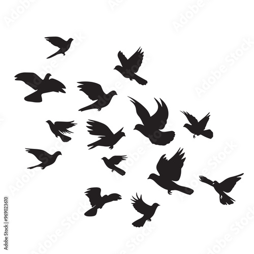 Vector illustration: silhouette of flying birds doves on a white background