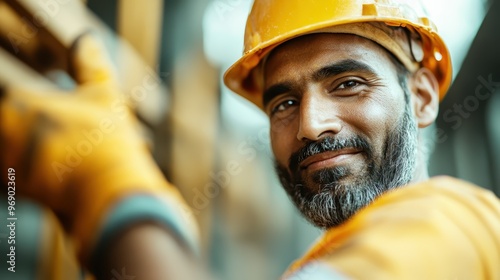 A construction worker wearing a yellow safety helmet and gloves is smiling while holding equipment, showcasing his dedication and happiness at work on the construction site.