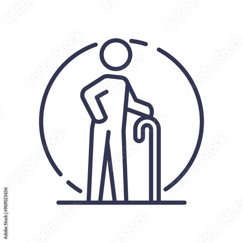 Line art of a person with a cane symbolizing movement and independence.