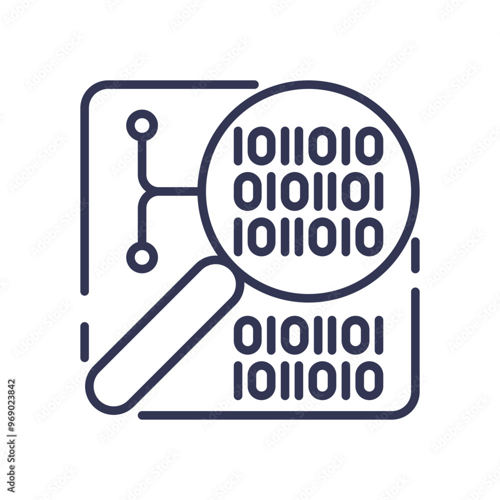 Magnifying glass examining binary code, symbolizing threat detection in digital data. Magnifying glass examining binary code, symbolizing threat detection in digital data.