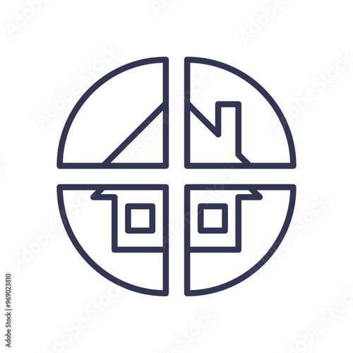 Circular icon divided into four sections, each depicting a house, symbolizing shared ownership and community living.
