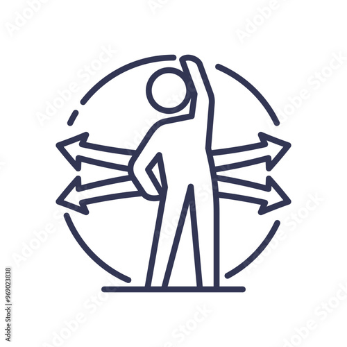 Illustration of a person stretching with arrows indicating range of motion.