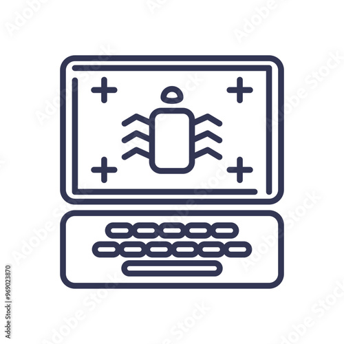 Illustration of a computer with a bug symbol on the screen, representing cybersecurity threats and vulnerability response.