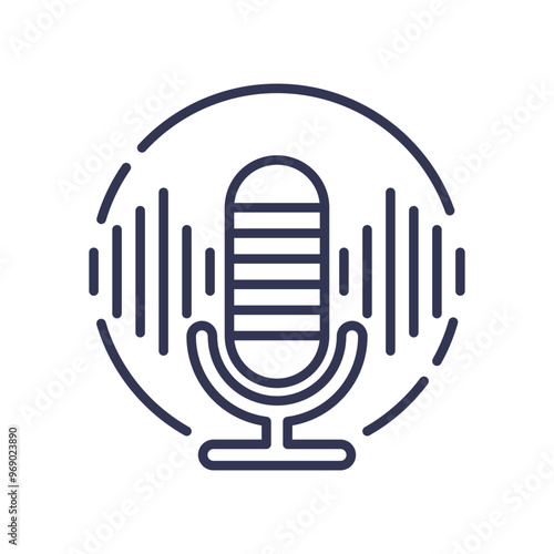 Line art of a microphone with sound waves, symbolizing voice recording and broadcasting.