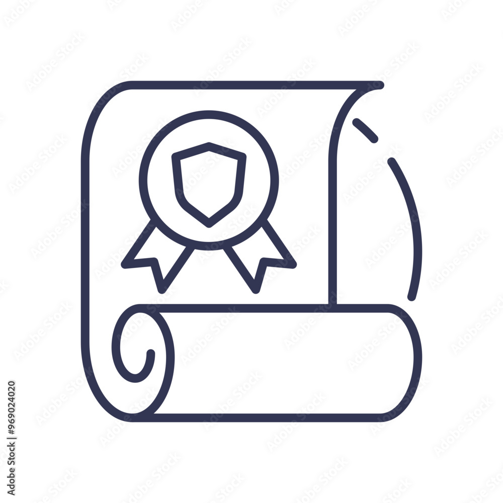 Line art of a certificate with a ribbon, symbolizing achievement and ...
