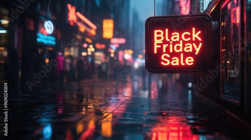 A Captivating Neon-Lit City Street Scene for Black Friday Promotions and Events, Ideal for Marketing Campaigns