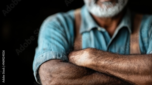 An older man crosses his arms confidently while wearing work attire and showing rugged hands, symbolizing experience, strength, and resilience in a professional environment. photo