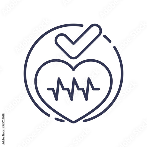 Heart with ECG line and check mark symbolizing cardiovascular health and wellness.