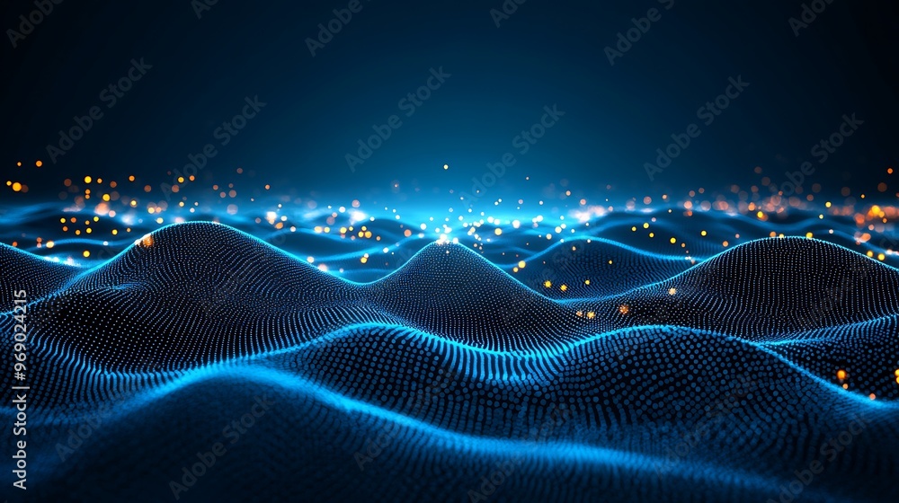 Stunning abstract digital landscape with glowing waves and particles, evoking a sense of depth and movement in a futuristic setting. Stunning abstract digital landscape with glowing waves and particles, evoking a sense of depth and movement in a futuristic setting.