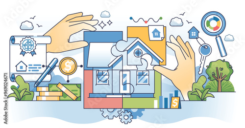 Fractional real estate as shared property ownership outline concept. Investment to mitigate the risk of ownership and share profit of rent or mortgage vector illustration. House property portfolio.