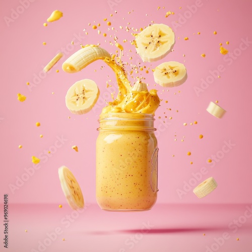 240807 17. An epic stylized advertise photo of fruit smoothie bursting energetically from a mason jar, along with banana slices floating up, set against a pastel pink background photo