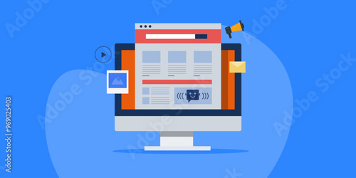 Content created, publish on blog and distributed on social media or email marketing using artificial intelligence technology for digital audience engagement conceptual vector illustration.