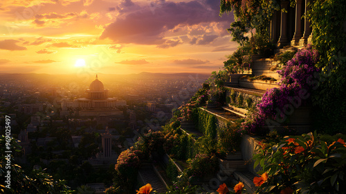High-Definition Image of the Hanging Gardens of Babylon with Lush Greenery and Flowers Cascading Over Multiple Terraces