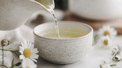 A delicate pouring moment of tea into a rustic ceramic cup placed among soft, fresh chamomile flowers, creating a tranquil and soothing visual experience. photo