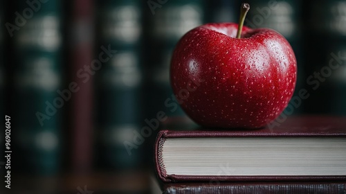 A fresh red apple is positioned on top of a closed book, with shelves filled with books blurred in the background, symbolizing knowledge, learning, and education. photo