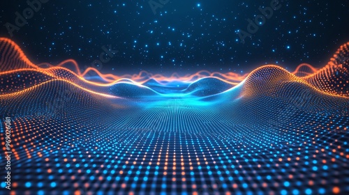 Wallpaper Mural Vibrant abstract landscape with colored waves and glowing dots, representing digital technology and innovation in a futuristic space. Torontodigital.ca