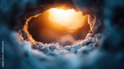 A surreal view from the inside of a cave looking out towards a bright, warmly illuminated exit, giving a sense of emerging from darkness into a hopeful and promising world. photo