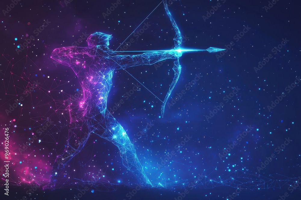 Ethereal archer figure in mystical galaxy, cosmic archer with bow and arrow Ethereal archer figure in mystical galaxy, cosmic archer with bow and arrow