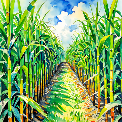 Sugar cane stalks with sugar cane plantation background.